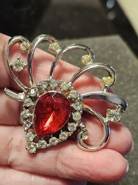 Vintage Red Teardrop Crystal Brooch with Clear Rhinestones - Silver Tone
